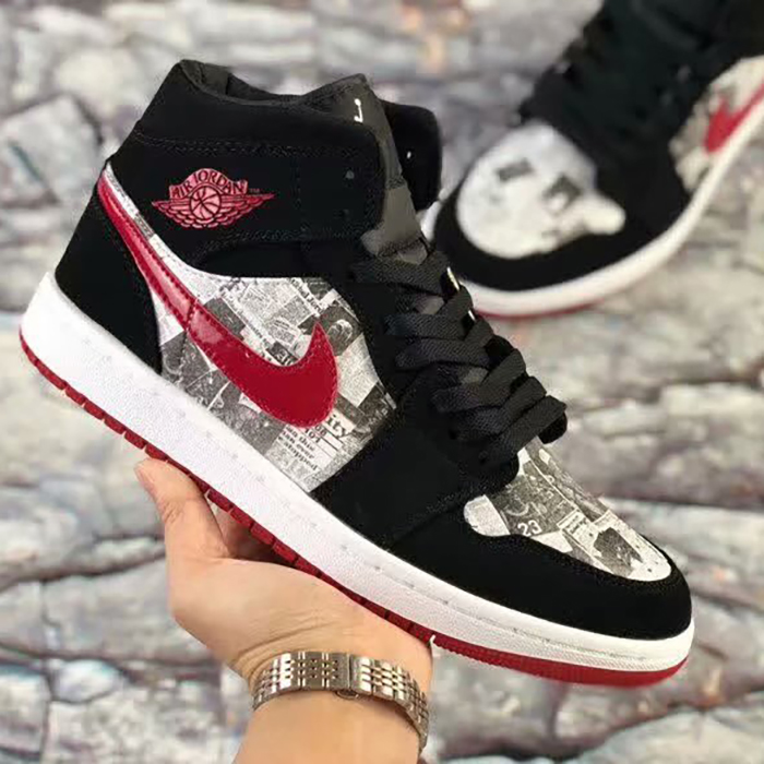 Air Jordan 1 AJ1 Mid Newspaper Basketball Shoes-Black/Gray_75149