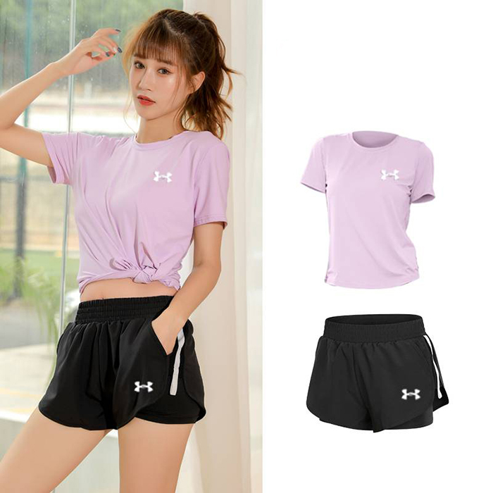 Under Armour 2 Piece Set Quick drying Yoga For Women's Running Fitness T-Shirt Sports Wear Fitness Clothing Women Training Set Pants Sport Suit-1878996
