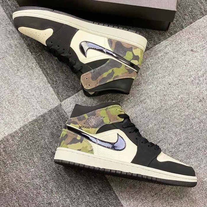 Air Jordan 1 Mid“ Camo” Running Shoes-Black/White-2942315