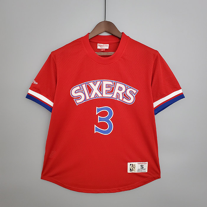 Mitchellness 76ers Red No. 3 Iverson Retro Mesh Short Sleeve-7135914