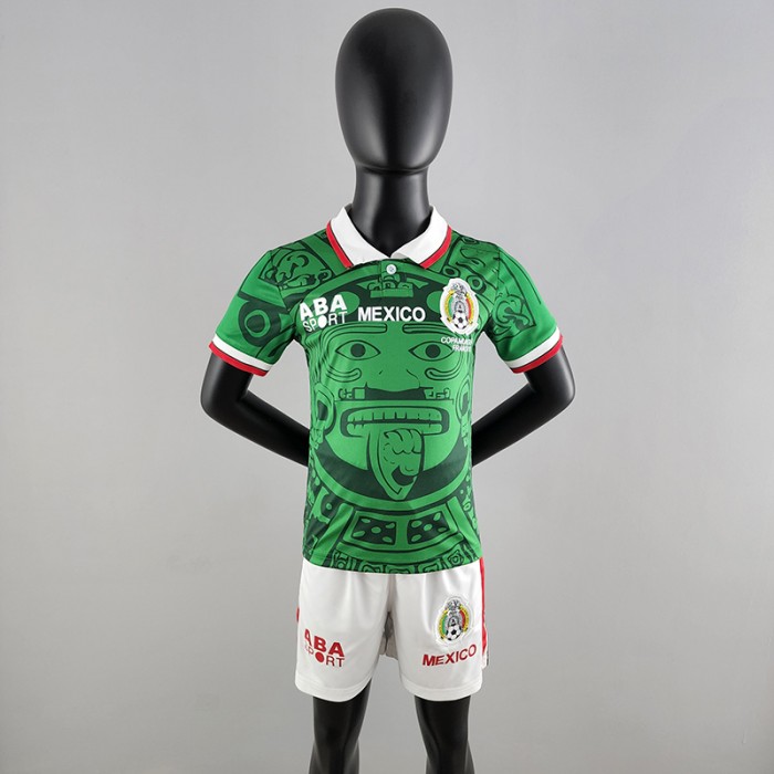 Retro kids kit 1998 Mexico home Green White kids Jersey (Shirt + Short)-5365294