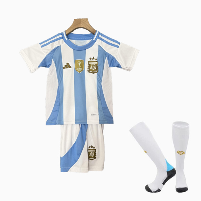 2024 Kids Argentina Home Kids White Blue Jersey Kit short sleeve (Shirt + Short + Socks)-874038