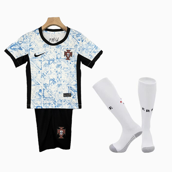 2024 Kids Portugal Away Kids White Blue Jersey Kit short sleeve (Shirt + Short + Socks)-7540034