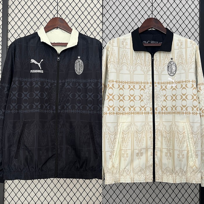 24/25 AC Milan Trench Coat Reversible Khkai Black Windbreaker Long Sleeve-2330446