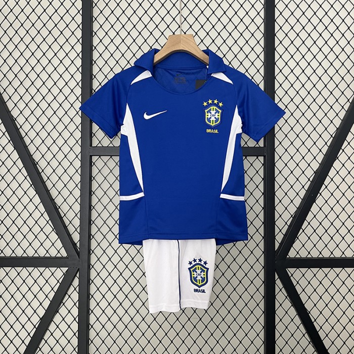 Retro 2002 Kids Brazil Away Blue White Kids Jersey Kit short sleeve (Shirt + Short)-5793671