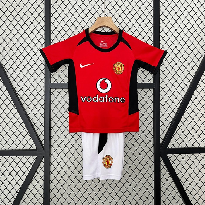 Retro 02/04 Kids Manchester United M-U Home Red Black Kids Jersey Kit short sleeve (Shirt + Short)-8123336