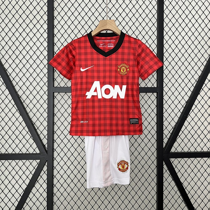 Retro 12/13 Kids Manchester United M-U Home Red White Kids Jersey Kit short sleeve (Shirt + Short)-3786536
