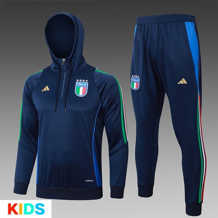 2024 Kids Italy Navy Blue Kids Hooded Edition Classic Jacket Training Suit (Top+Pant)-1396968