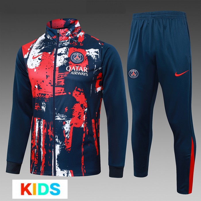 24/25 Kids Paris Saint-Germain PSG Red Blue Kids Edition Classic Jacket Training Suit (Top+Pant)-2296234