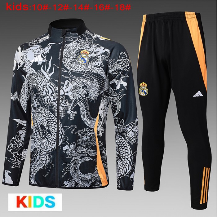 24/25 Kids Real Madrid Black White Edition Classic Jacket Training Suit (Top+Pant)-8421416