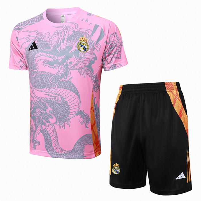 24/25 Real Madrid Training Pink Gray Jersey Kit short Sleeve (Shirt + Short)-5572943