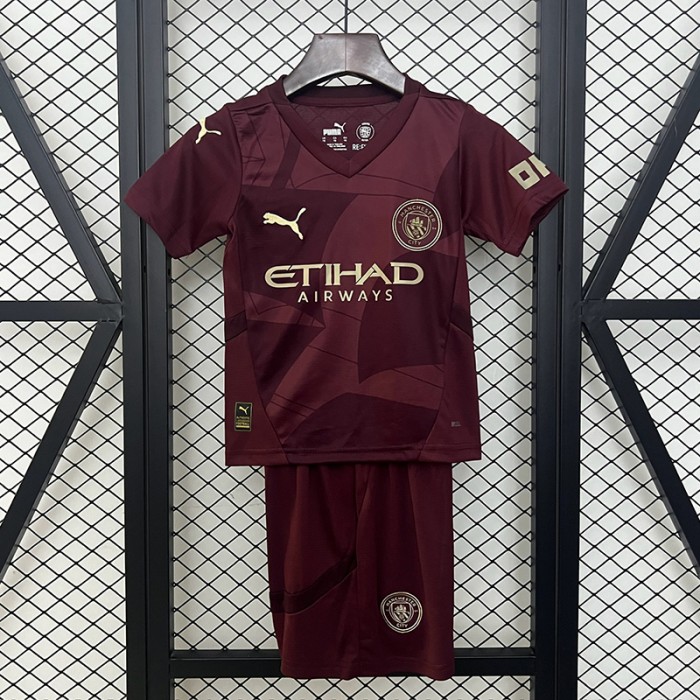 24/25 Kids Manchester City Third Away Wine Red Kids Jersey Kit short sleeve (Shirt + Short)-6816012