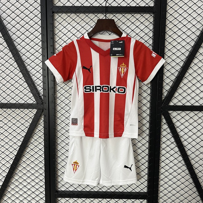 24/25 Kids Sporting Gijon Home Red White Kids Jersey Kit short sleeve (Shirt + Short)-9342840