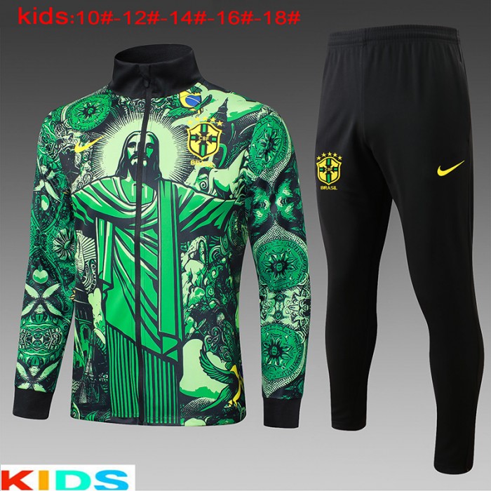 2024 Brazil Kids Green Edition Classic Jacket Training Suit (Top+Pant)-7431088
