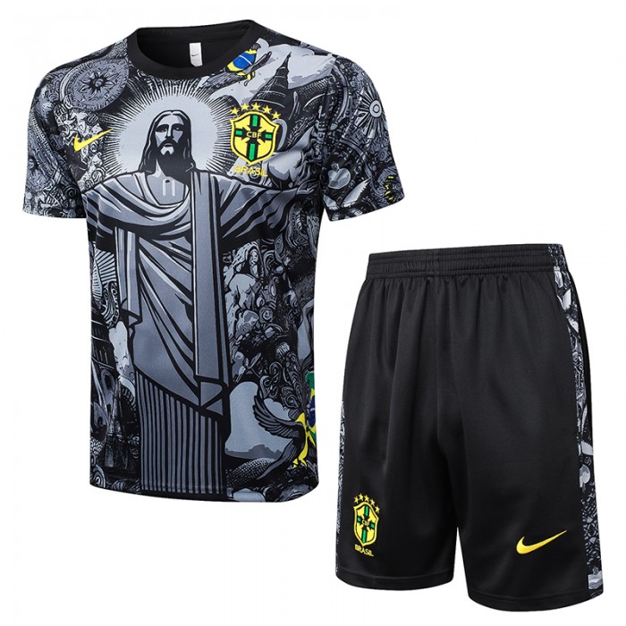 2024 Brazil Black Gray Training Jersey Kit short Sleeve (Shirt + Short)-4415556