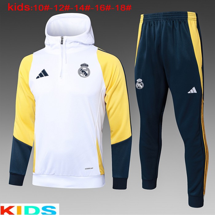 24/25 Kids Real Madrid White Yellow Hooded Edition Classic Jacket Training Suit (Top+Pant)-5396002