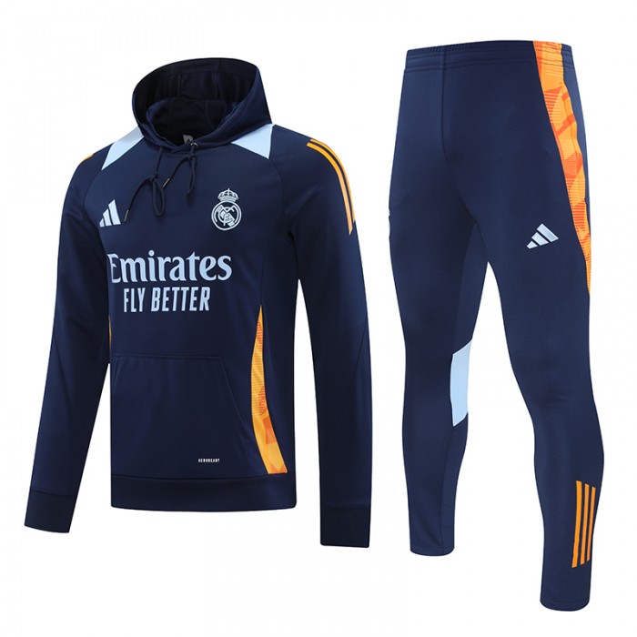 24/25 Real Madrid Navy Blue Hooded Edition Classic Jacket Training Suit (Sweatshirt+Pant)-1599254