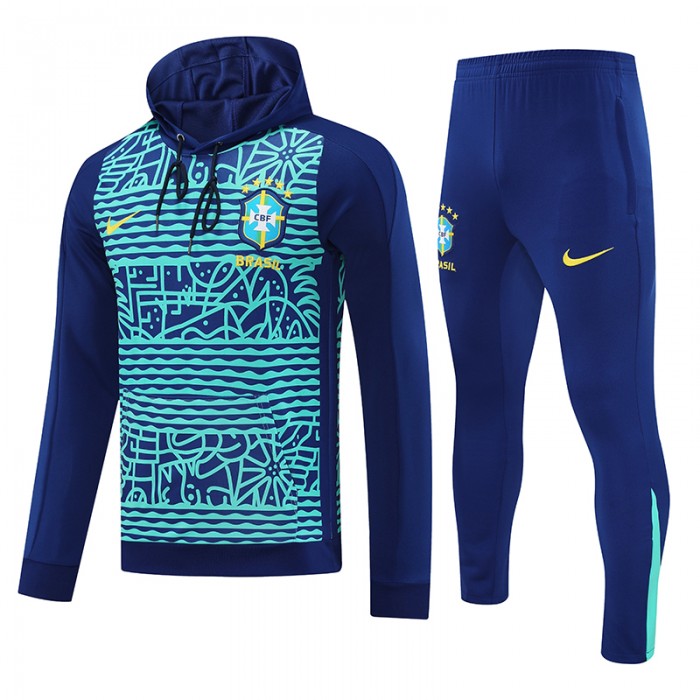 2024 Brazil Navy Blue Hodded Edition Classic Jacket Training Suit (Top+Pant)-3118005