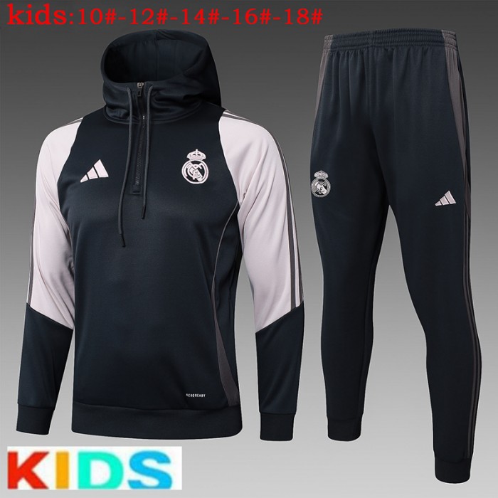 24/25 Kids Real Madrid Black Hooded Kids Edition Classic Jacket Training Suit (Top+Pant)-6552049
