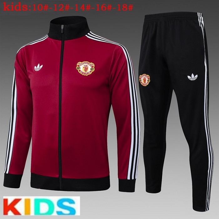 24/25 Kids Manchester United M-U Wine Red Kids Edition Classic Jacket Training Suit (Top+Pant)-7526976