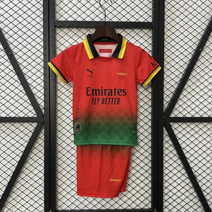 25/26 kids AC Milan Co-Branded Edition Red Green Jersey Kit short sleeve (Shirt + Short)-1852430