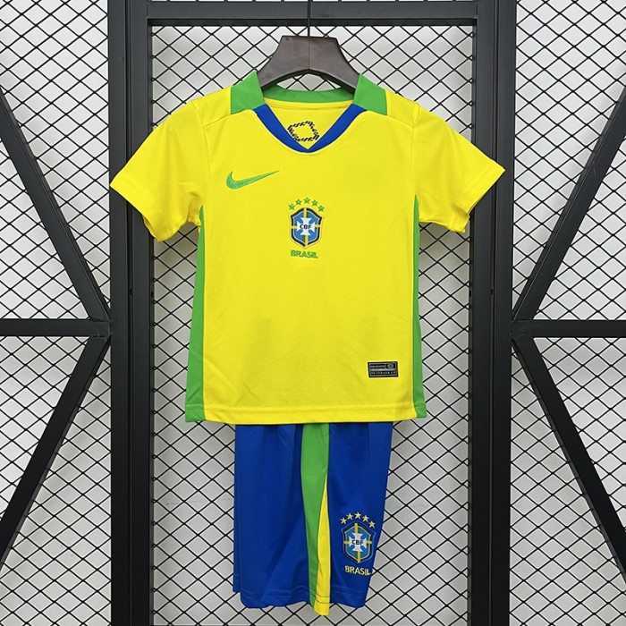 2025 Kids Brazil Home Yellow Kids Jersey Kit Short Sleeve (Shirt + Short)-8866712