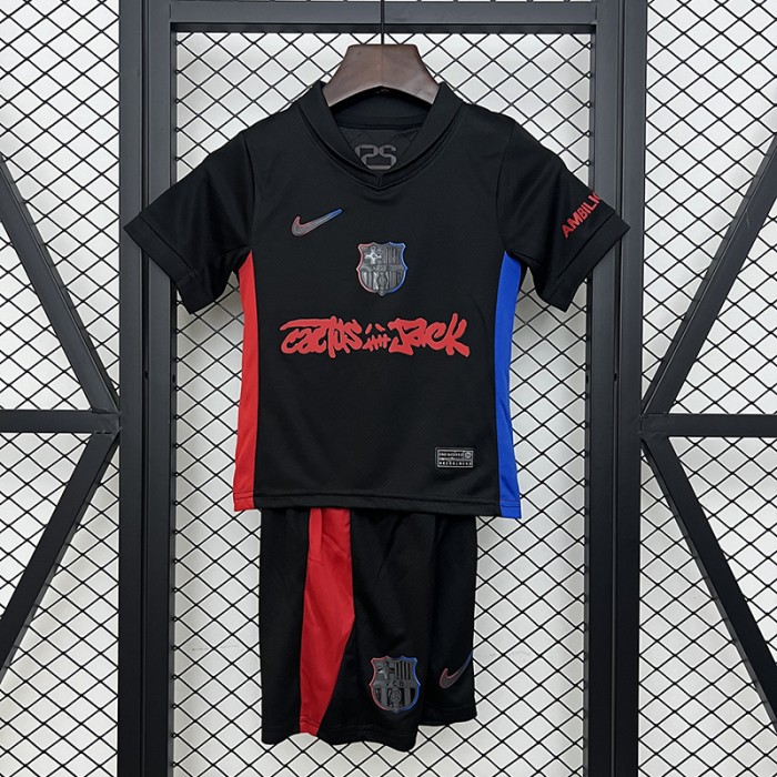 24/25 Kids Barcelona Away Black Kids Jersey Kit Short Sleeve (Shirt + Short)-8696213