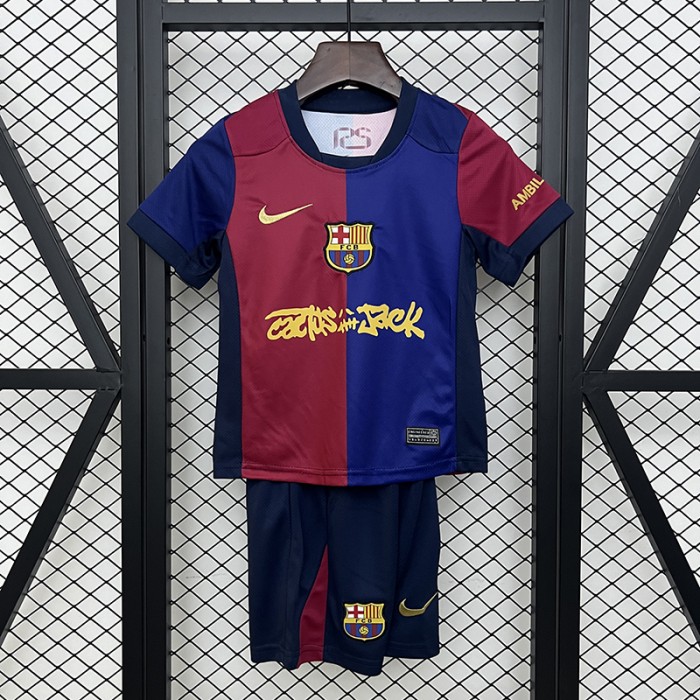 24/25 Kids Barcelona Home Red Navy Blue Kids Jersey Kit Short Sleeve (Shirt + Short)-7338374