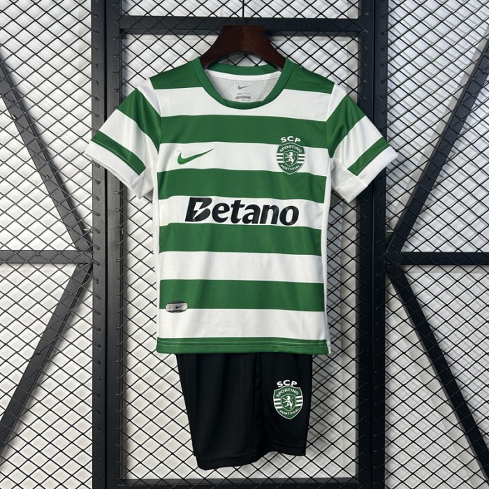 25/26 Kids Lisbon Home White Green Kids Jersey Kit Short Sleeve (Shirt + Short)-7886378