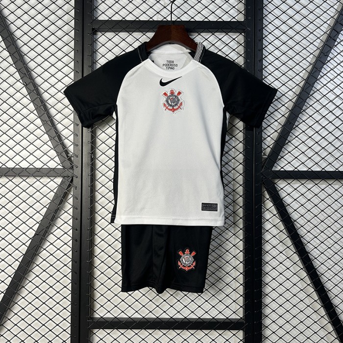 25/26 Kids Corinthians Home White Black Kids Jersey Kit Short Sleeve (Shirt + Short)-1235082