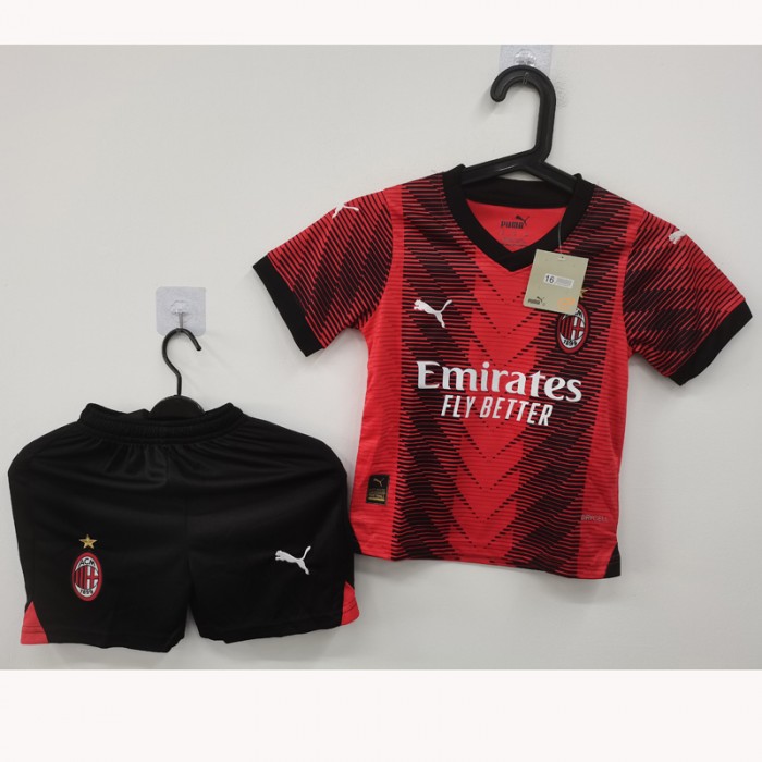 STOCK CLEARANCE [SIZE 16] 23/24 Kids AC Milan Home Black Red Jersey Kit short sleeve (Shirt + Short)-3785617