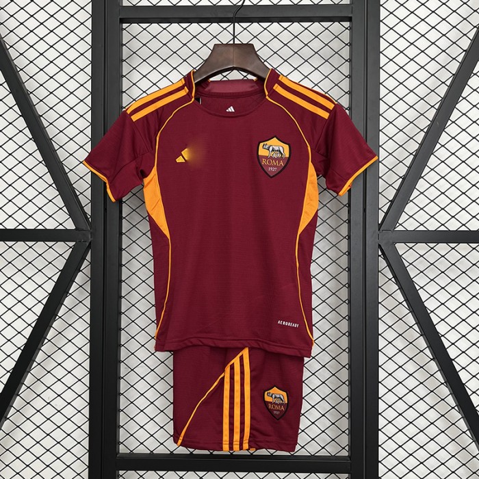 25/26 Kids Roma Home Wine Red Kids Jersey Kit Short Sleeve (Shirt + Short)-1889268