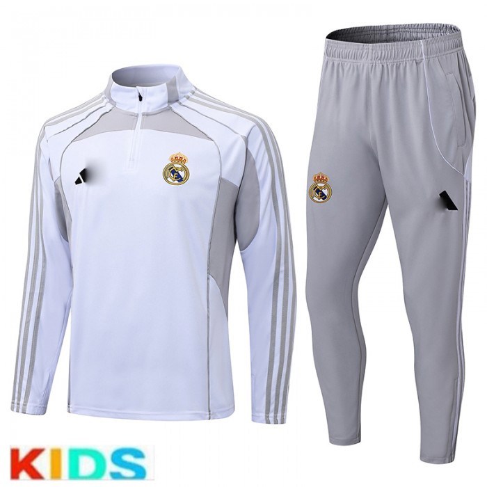 25/26 Kids Real Madrid White Gray Kids Edition Classic Jacket Training Suit (Top+Pant)-2132836