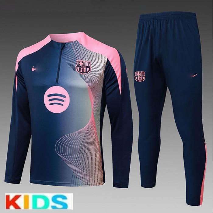 25/26 Kids Barcelona Navy Blue Pink Kids Edition Classic Jacket Training Suit (Top+Pant)-1924362